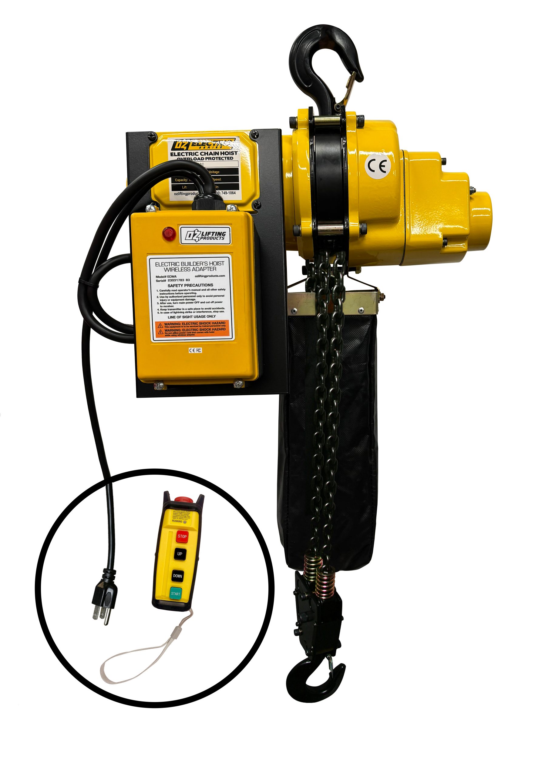 4000 lb Electric Chain Hoist with 15 ft of lift including ECWA wireless adapter