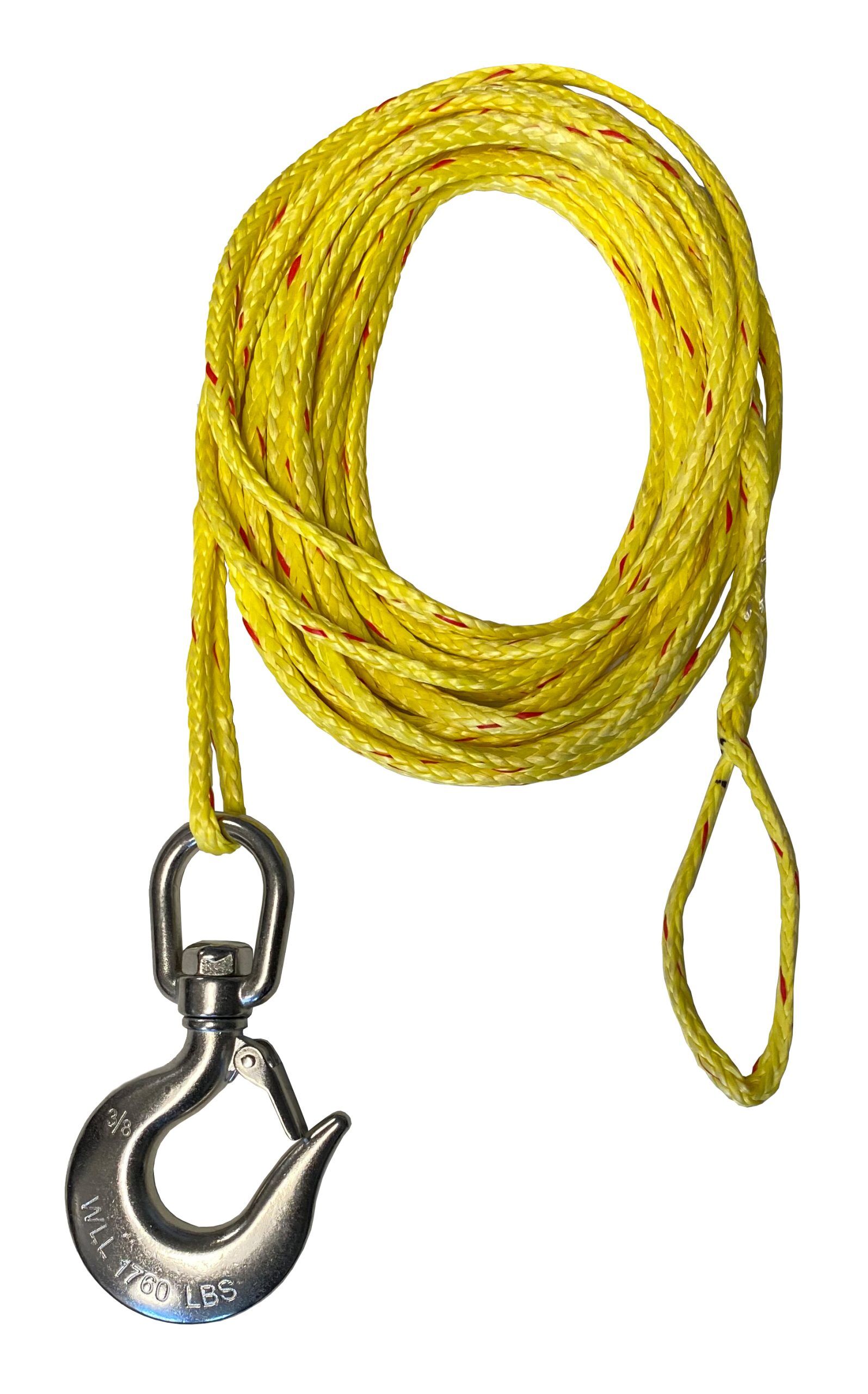 3/16" x 50' lift - Synthetic rope assembly with stainless steel swivel hook with latch