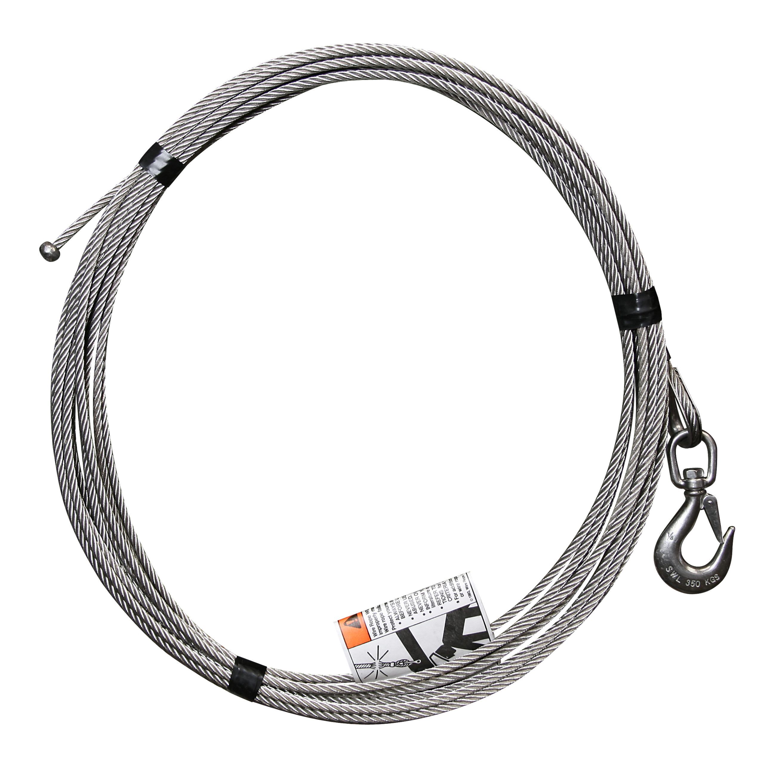 1/4" x 20' lift - Stainless steel cable assembly with ball end fitting and swivel hook with latch