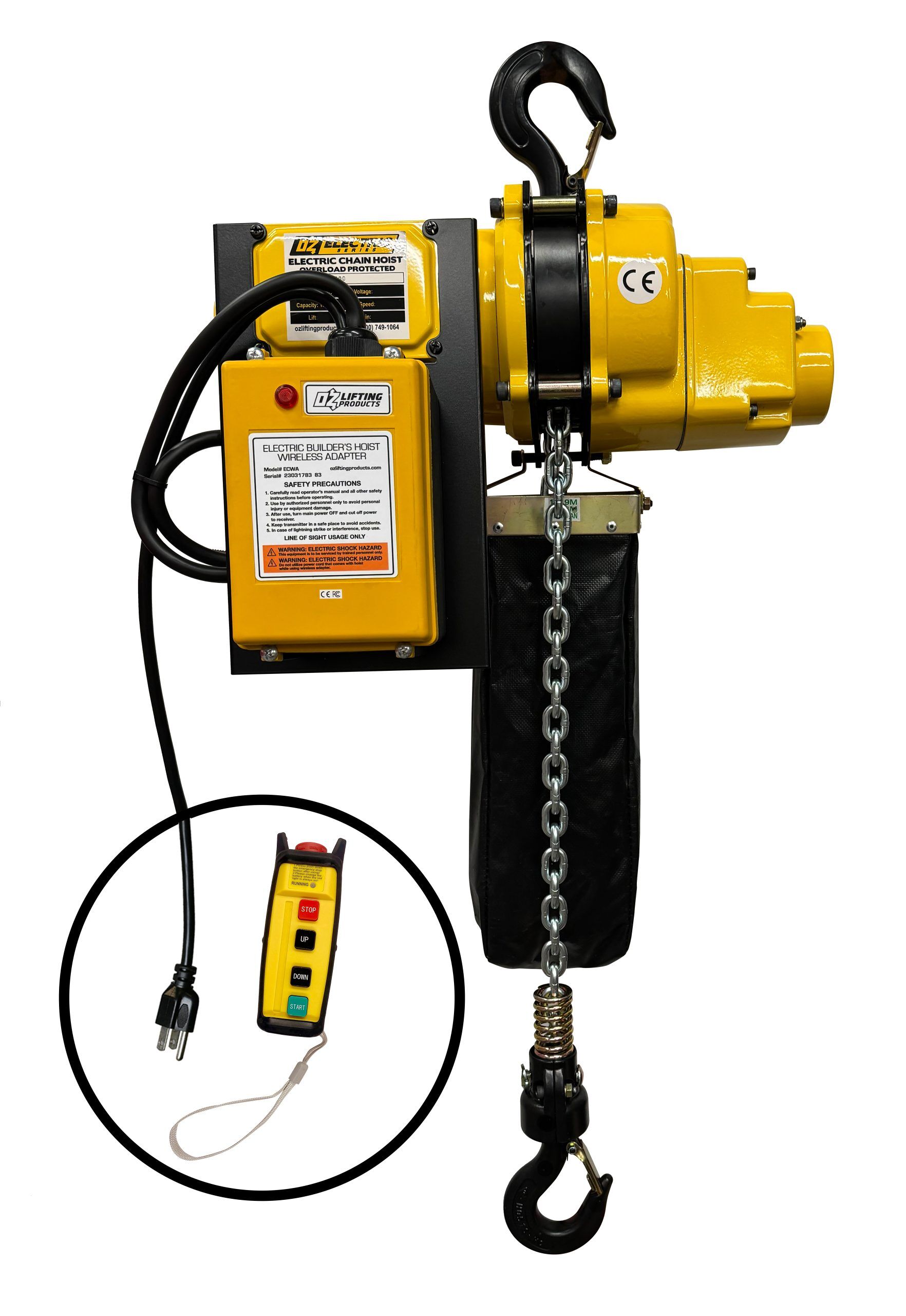 2000 lb Electric Chain Hoist with 30 ft of lift including ECWA wireless adapter